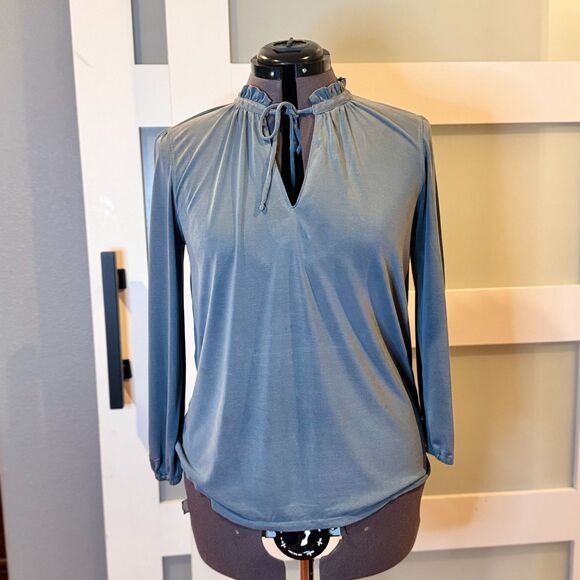 Lucky Brand Blue Ruffle Neck Long Sleeve Blouse Women’s Medium - Picture 1 of 8